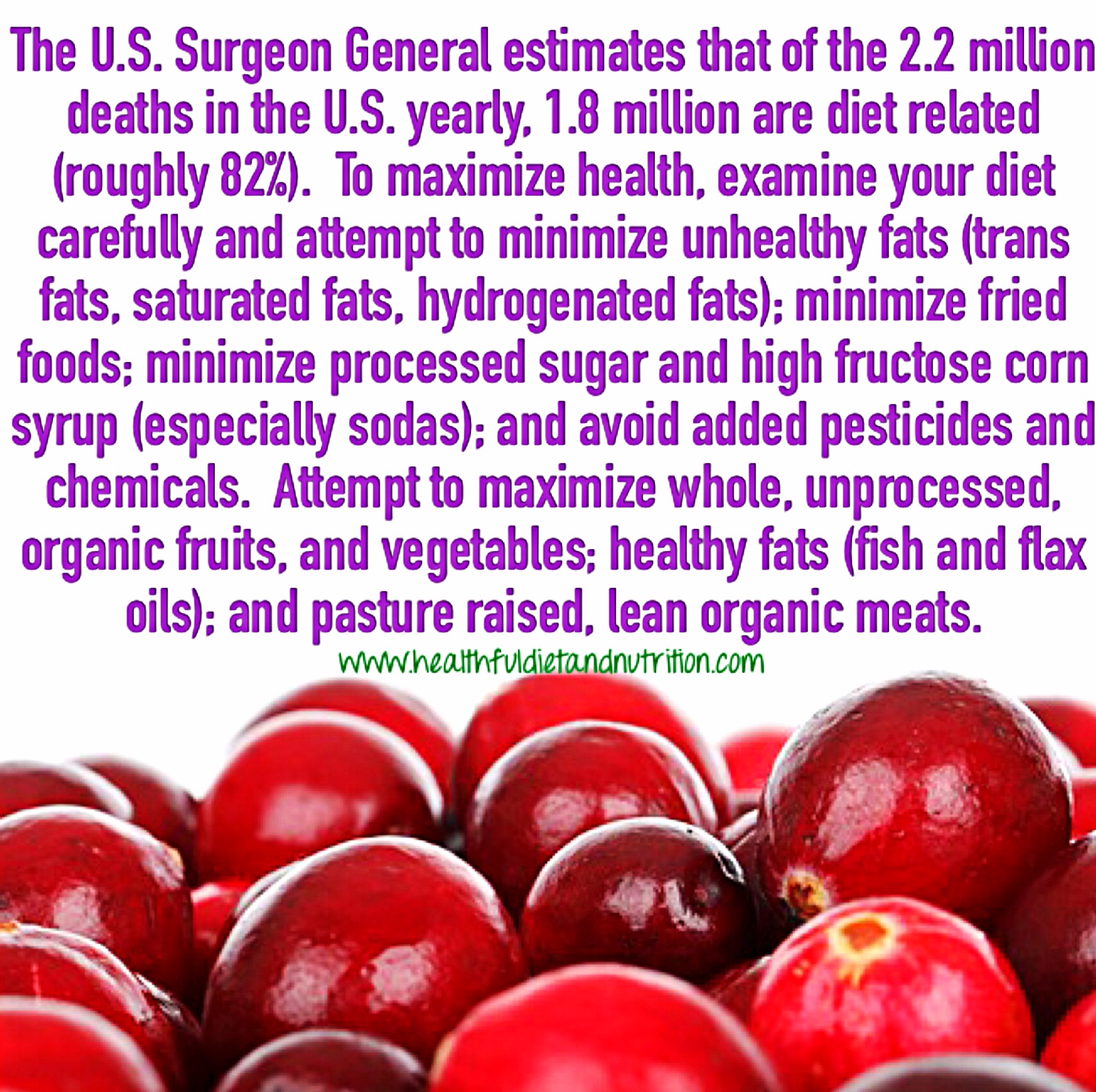 The U.S Surgeon General estimates that of the 2.2million deaths in the U.S. yearly, 1-8million are diet related (roughly 82%). To maximize health, examine your diet carefully and attempt to minimize unhealthy fats (trans fats, saturated fats, hydrogenated fats); minimize fried foods; minimize processed sugar and high fructose corn syrup (especially sodas); and avoid added pesticides and chemicals. Attempt to maximize whole, unprocessed, organic fruits, and vegetables; healthy fats (fish and flax oils); and pasture raised, lean organic meats.