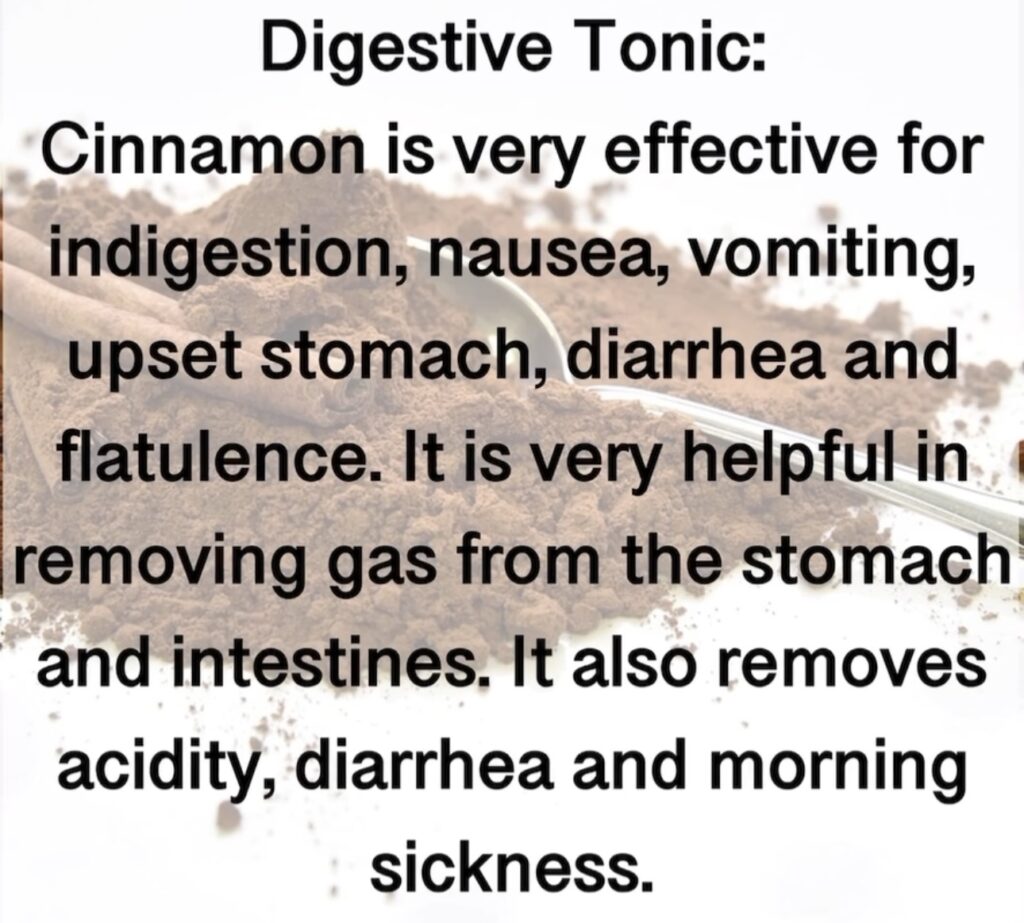 12. Digestive Tonic: Cinnamon is very effective for indigestion, nausea, vomiting, upset stomach, diarrhea and flatulence. It is very helpful in removing gas from the stomach and intestines. It also removes acidity, diarrhea and morning sickness.