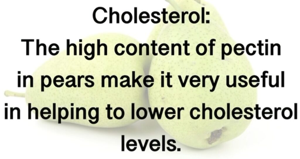 3. Cholesterol: The high content of pectin in pears make it very useful in helping to lower cholesterol levels.