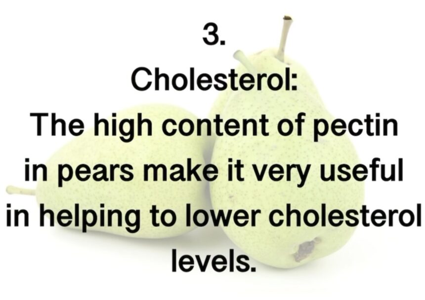 3. Cholesterol: The high content of pectin in pears make it very useful in helping to lower cholesterol levels.