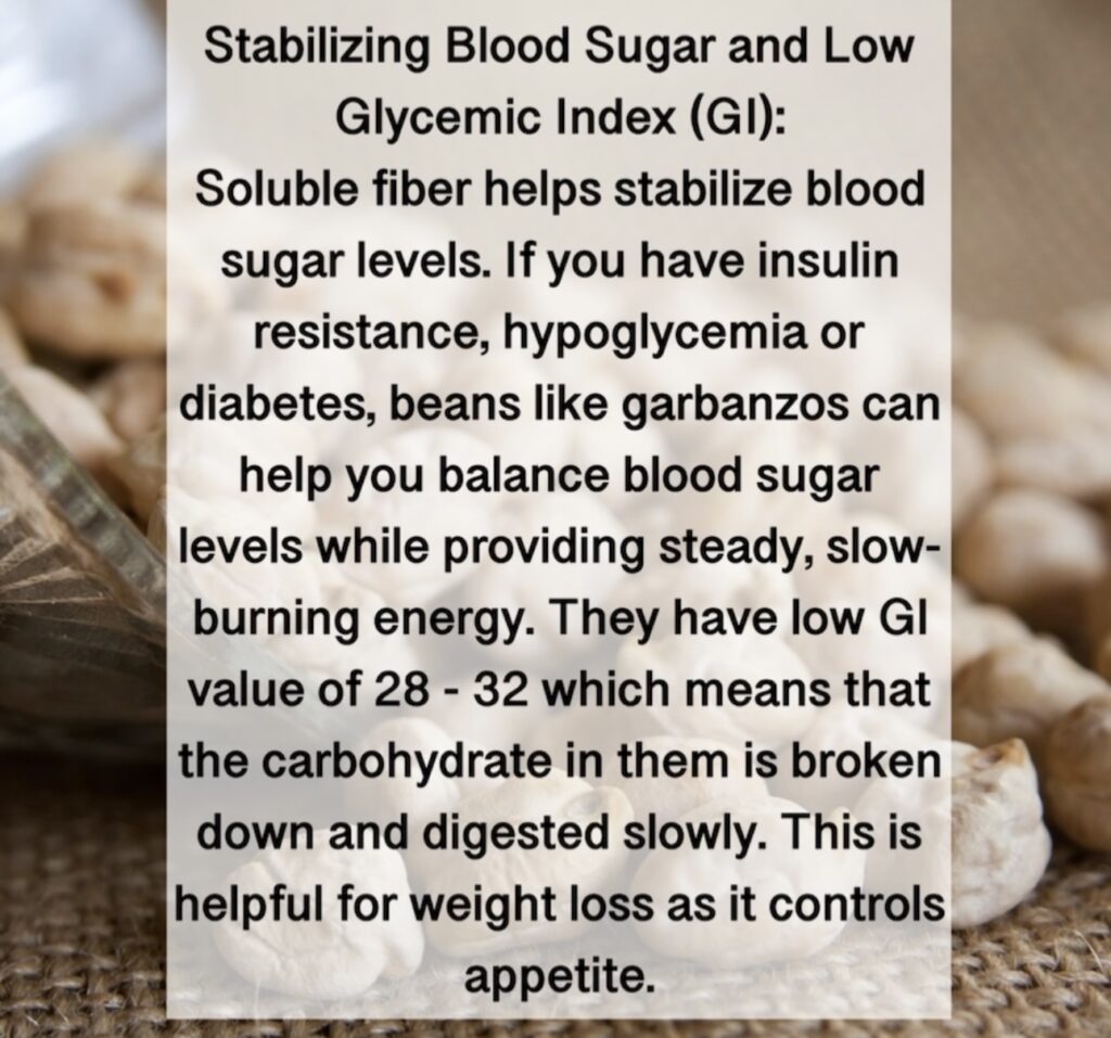 5. Stabilizing Blood Sugar and Low Glycemic Index (GI): Soluble fiber helps stabilize blood sugar levels. If you have insulin resistance, hypoglycemia or diabetes, beans like garbanzos can help you balance blood sugar levels while providing steady, slow- burning energy. They have low Gl value of 28 - 32 which means that the carbohydrate in them is broken down and digested slowly. This is helpful for weight loss as it controls appetite.