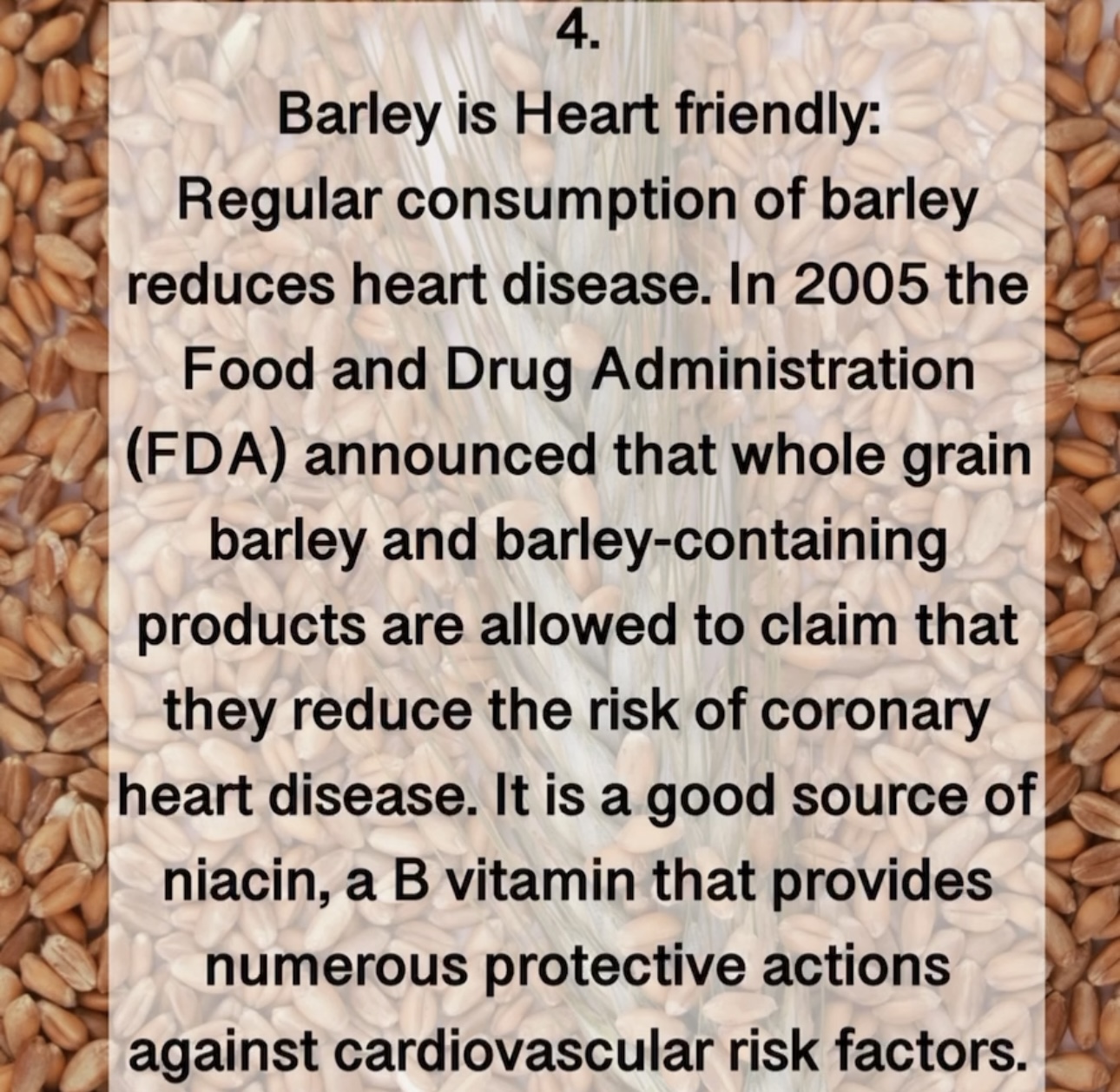 4. Barley is Heart friendly: Regular consumption of barley reduces heart disease. In 2005 the Food and Drug Administration (FDA) announced that whole grain barley and barley-containing products are allowed to claim that they reduce the risk of coronary heart disease. It is a good source of niacin, a B vitamin that provides numerous protective actions against cardiovascular risk factors.