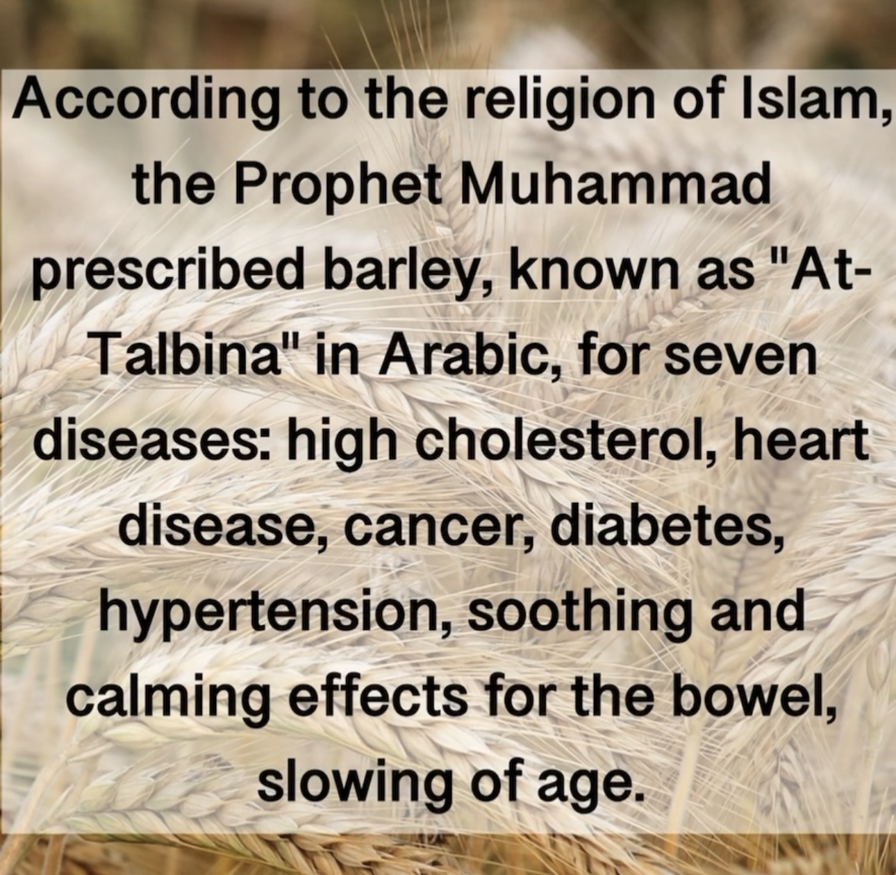 According to the religion of Islam, the Prophet Muhammad prescribed barley, known as "At- Talbina" in Arabic, for seven diseases: high cholesterol, heart disease, cancer, diabetes, hypertension, soothing and calming effects for the bowel, slowing of age.