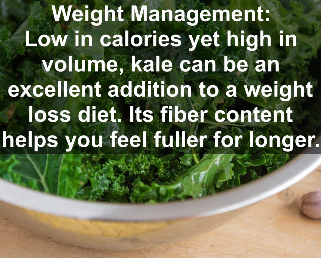 5. Weight Management: Low in calories yet high in volume, kale can be an excellent addition to a weight loss diet. Its fiber content helps you feel fuller for longer.