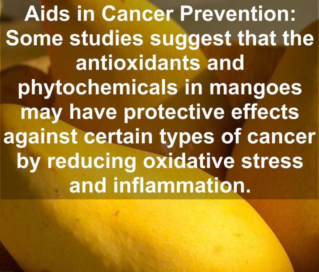 10. Aids in Cancer Prevention: Some studies suggest that the antioxidants and phytochemicals in mangoes may have protective effects against certain types of cancer by reducing oxidative stress and inflammation.
