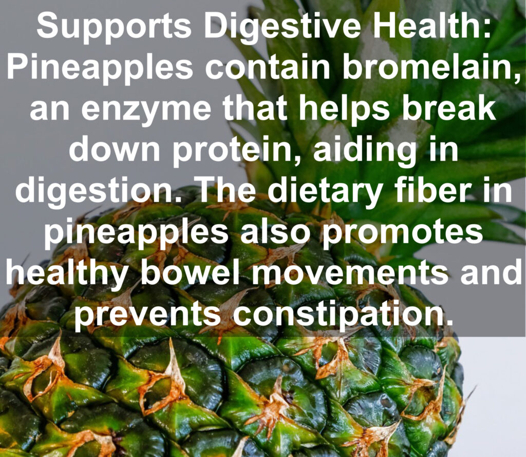 2. Supports Digestive Health: Pineapples contain bromelain, an enzyme that helps break down protein, aiding in digestion. The dietary fiber in pineapples also promotes healthy bowel movements and prevents constipation.