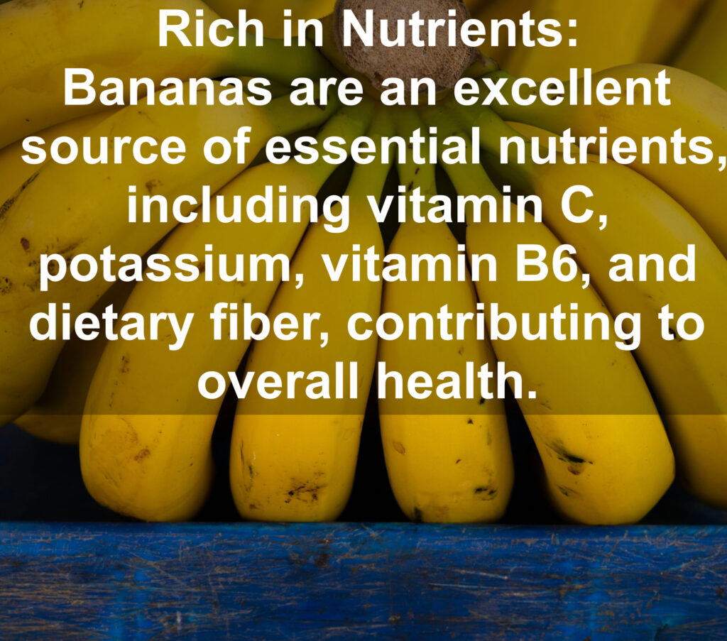 1. Rich in Nutrients: Bananas are an excellent source of essential nutrients, including vitamin C, potassium, vitamin B6, and dietary fiber, contributing to overall health.