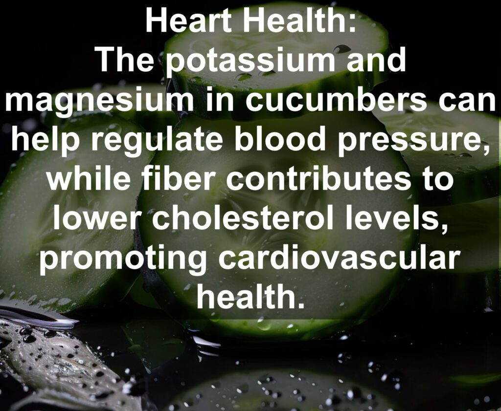 8. Heart Health: The potassium and magnesium in cucumbers can help regulate blood pressure, while fiber contributes to lower cholesterol levels, promoting cardiovascular health.
