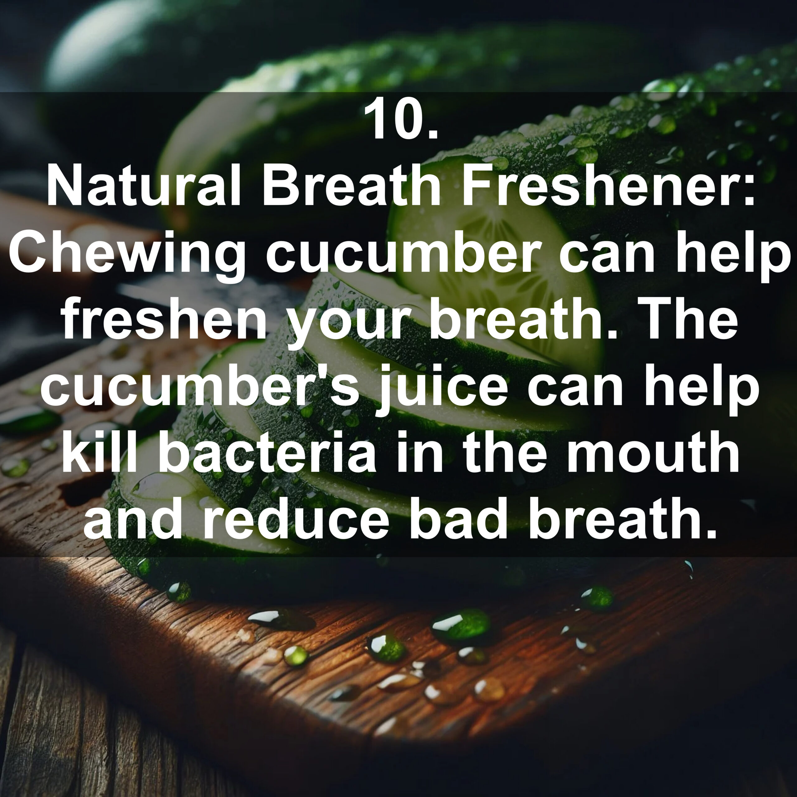 10. Natural Breath Freshener: Chewing cucumber can help freshen your breath. The cucumber's juice can help kill bacteria in the mouth and reduce bad breath.