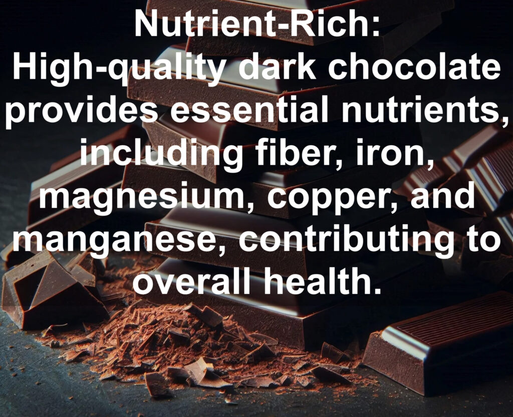 8. Nutrient-Rich: High-quality dark chocolate provides essential nutrients, including fiber, iron, magnesium, copper, and manganese, contributing to overall health.