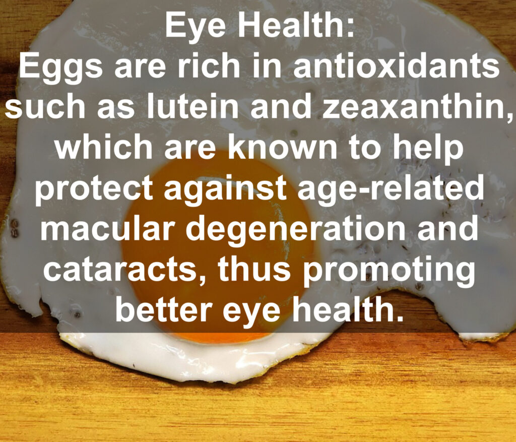 4. Eye Health: Eggs are rich in antioxidants such as lutein and zeaxanthin, which are known to help protect against age-related macular degeneration and cataracts, thus promoting better eye health.