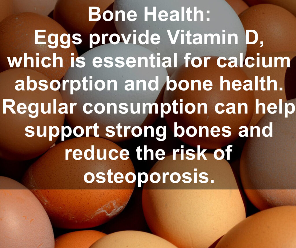 7. Bone Health: Eggs provide Vitamin D, which is essential for calcium absorption and bone health. Regular consumption can help support strong bones and reduce the risk of osteoporosis.