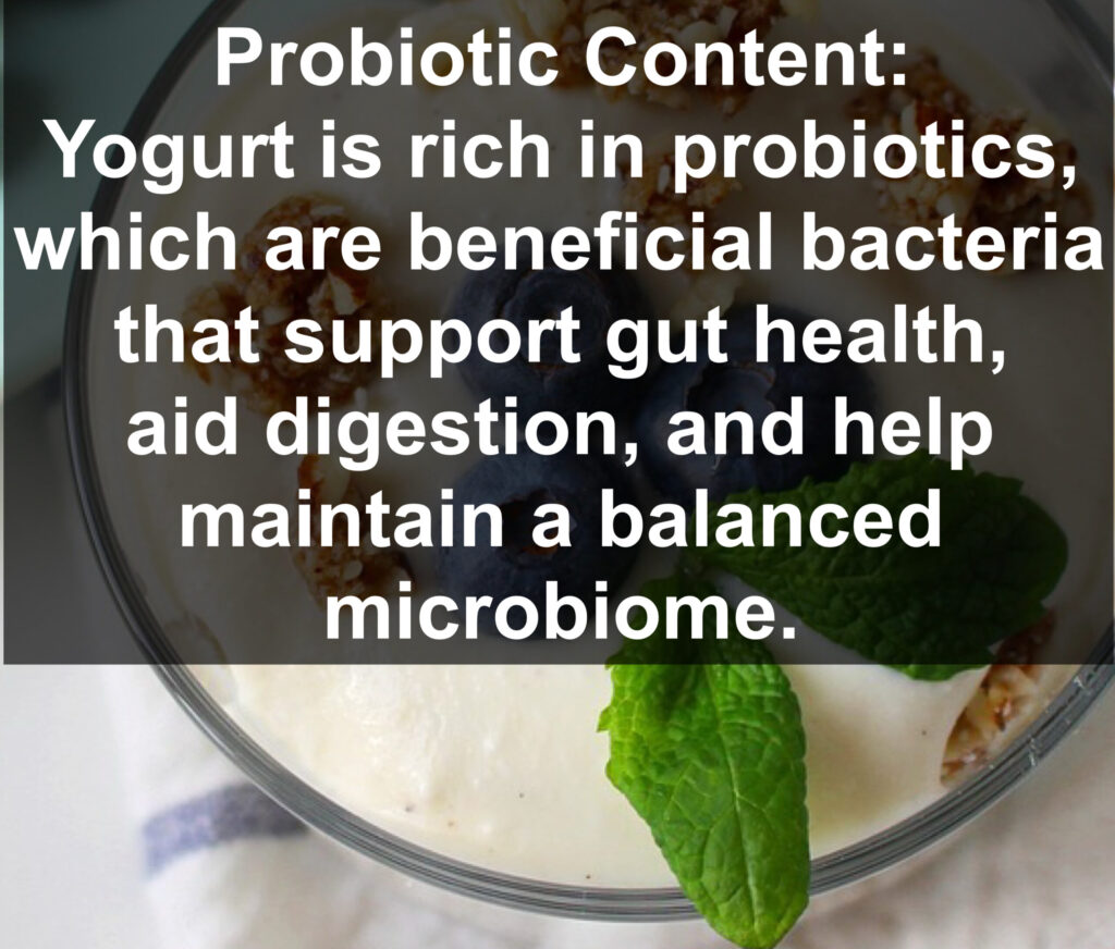 1. Probiotic Content: Yogurt is rich in probiotics, which are beneficial bacteria that support gut health, aid digestion, and help maintain a balanced microbiome.