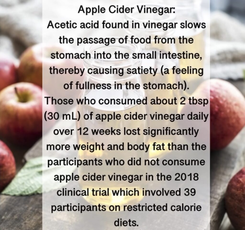 12. Apple Cider Vinegar: Acetic acid found in vinegar slows the passage of food from the stomach into the small intestine, thereby causing satiety (a feeling of fullness in the stomach). Those who consumed about 2 tbsp (30 mL) of apple cider vinegar daily over 12 weeks lost significantly more weight and body fat than the participants who did not consume apple cider vinegar in the 2018 clinical trial which involved 39 participants on restricted calorie diets.