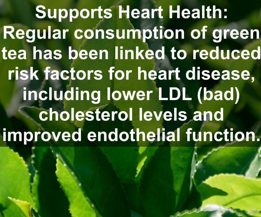 4. Supports Heart Health: Regular consumption of green tea has been linked to reduced risk factors for heart disease, including lower LDL (bad) cholesterol levels and improved endothelial function.