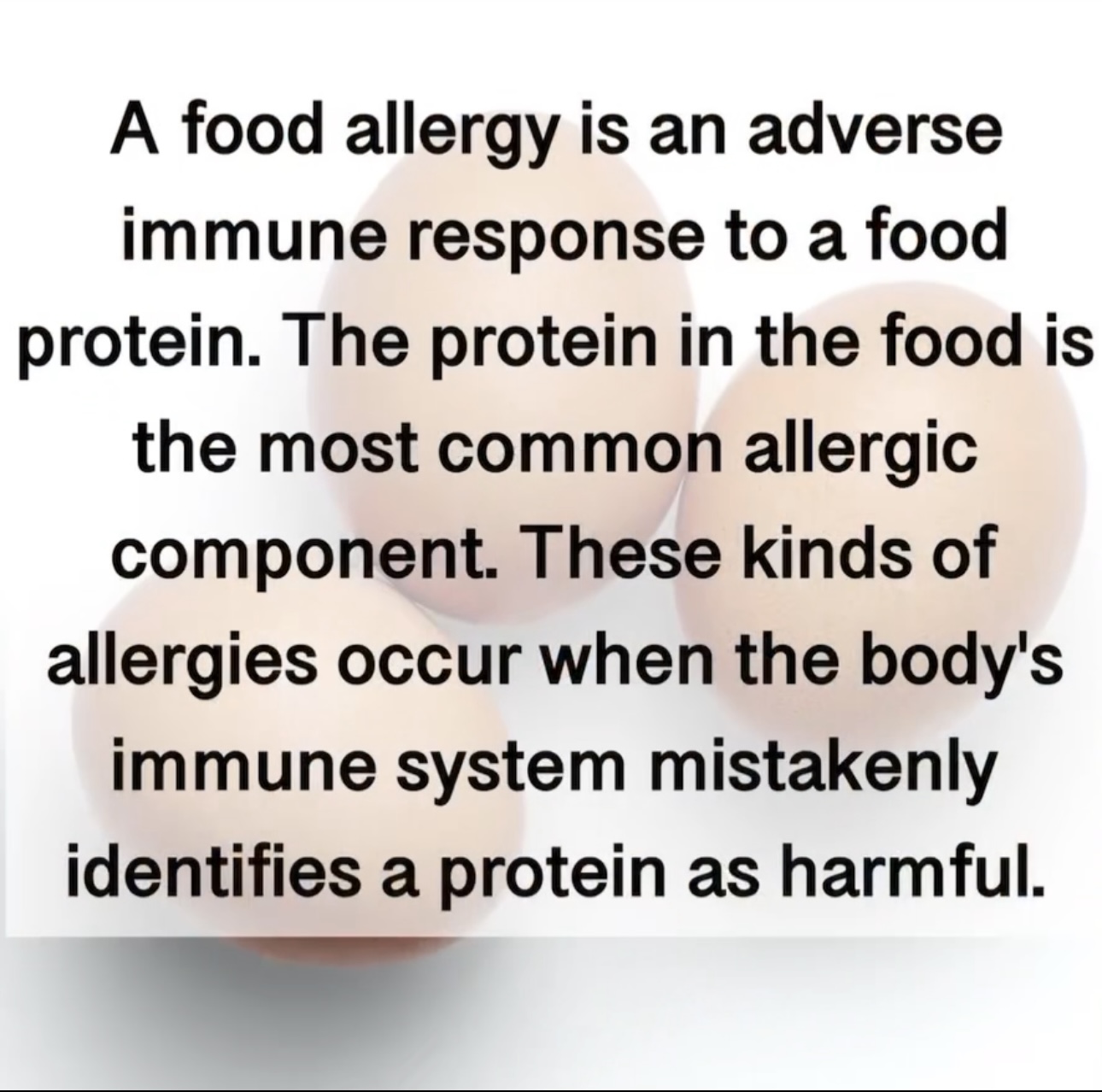 A food allergy is an adverse immune response to a food protein. The protein in the food is the most common allergic component. These kinds of allergies occur when the body's immune system mistakenly identifies a protein as harmful.