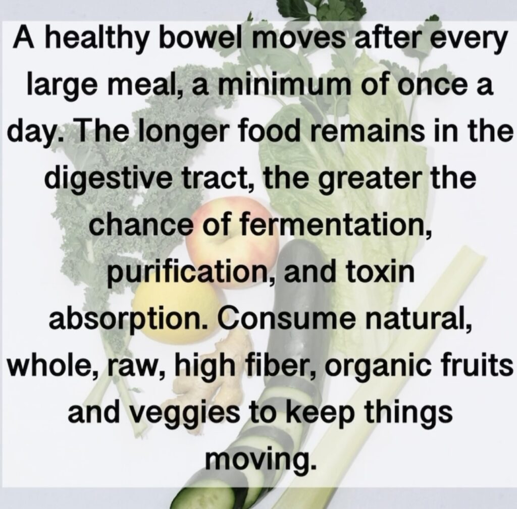 A healthy bowel moves after every large meal, a minimum of once a day. The longer food remains in the digestive tract, the greater the chance of fermentation, purification, and toxin absorption. Consume natural, whole, raw, high fiber, organic fruits and veggies to keep things moving.