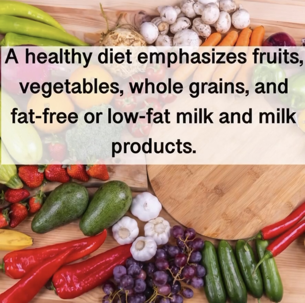 A healthy diet emphasizes fruits, vegetables, whole grains, and fat-free or low-fat milk and milk products.