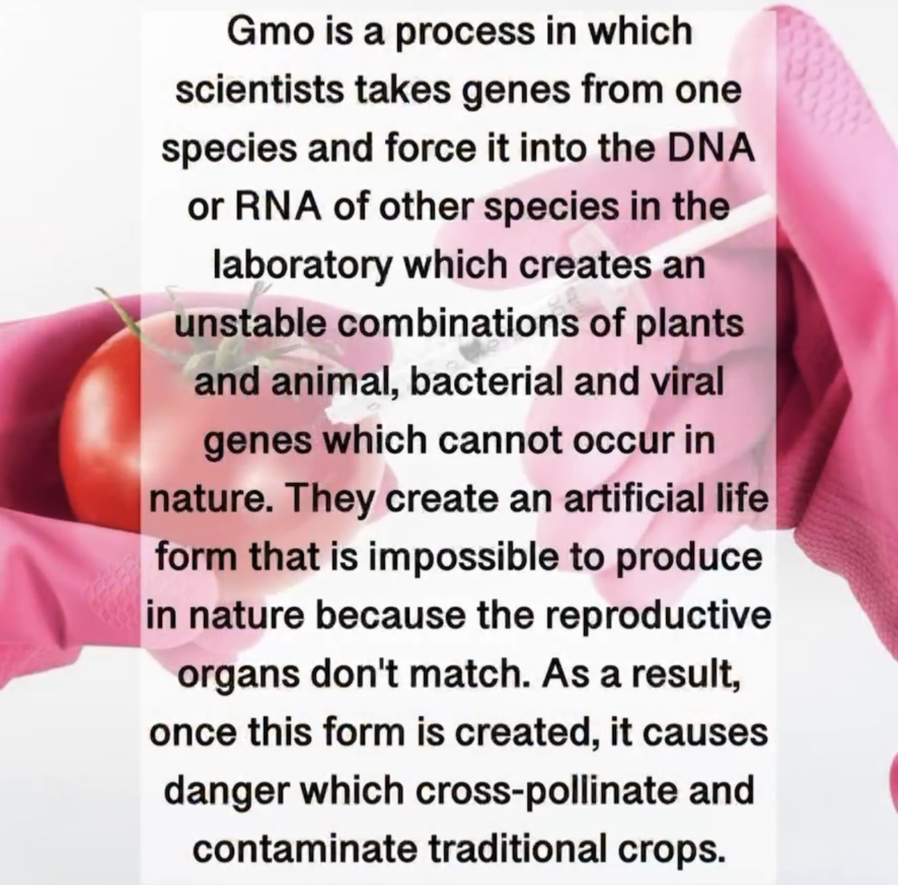 Gmo is a process in which scientists takes genes from one species and force it into the DNA or RNA of other species in the laboratory which creates an unstable combinations of plants and animal, bacterial and viral genes which cannot occur in nature. They create an artificial life form that is impossible to produce in nature because the reproductive organs don't match. As a result, once this form is created, it causes danger which cross-pollinate and contaminate traditional crops.