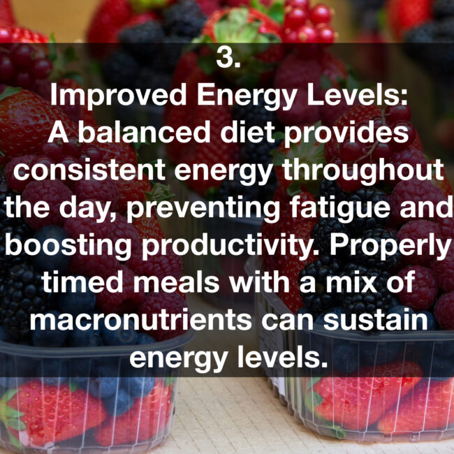 3. Improved Energy Levels: A balanced diet provides consistent energy throughout the day, preventing fatigue and boosting productivity. Properly timed meals with a mix of macronutrients can sustain energy levels.