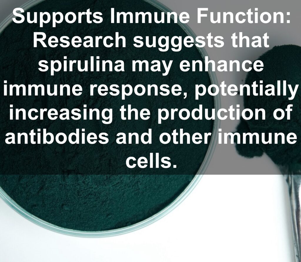 3. Supports Immune Function: Research suggests that spirulina may enhance immune response, potentially increasing the production of antibodies and other immune cells.