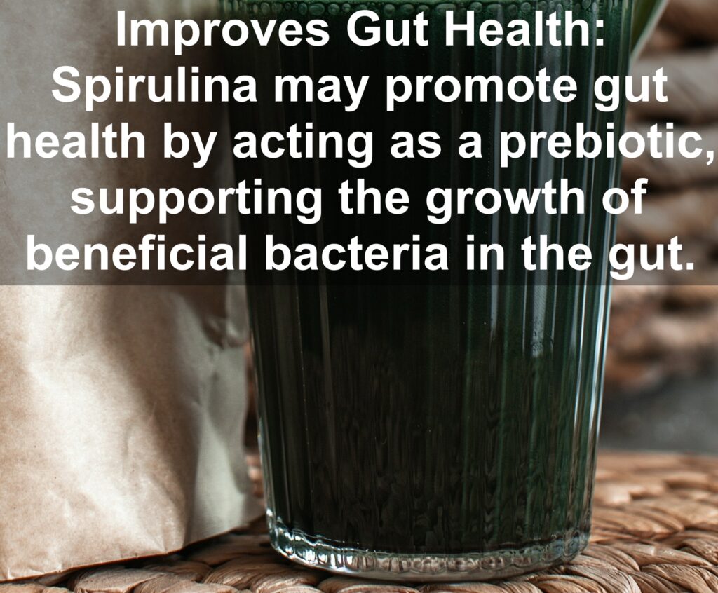 5. Improves Gut Health: Spirulina may promote gut health by acting as a prebiotic, supporting the growth of beneficial bacteria in the gut.