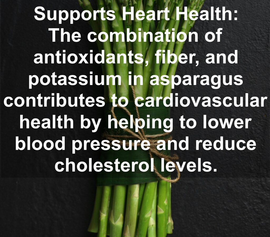 6. Supports Heart Health: The combination of antioxidants, fiber, and potassium in asparagus contributes to cardiovascular health by helping to lower blood pressure and reduce cholesterol levels.