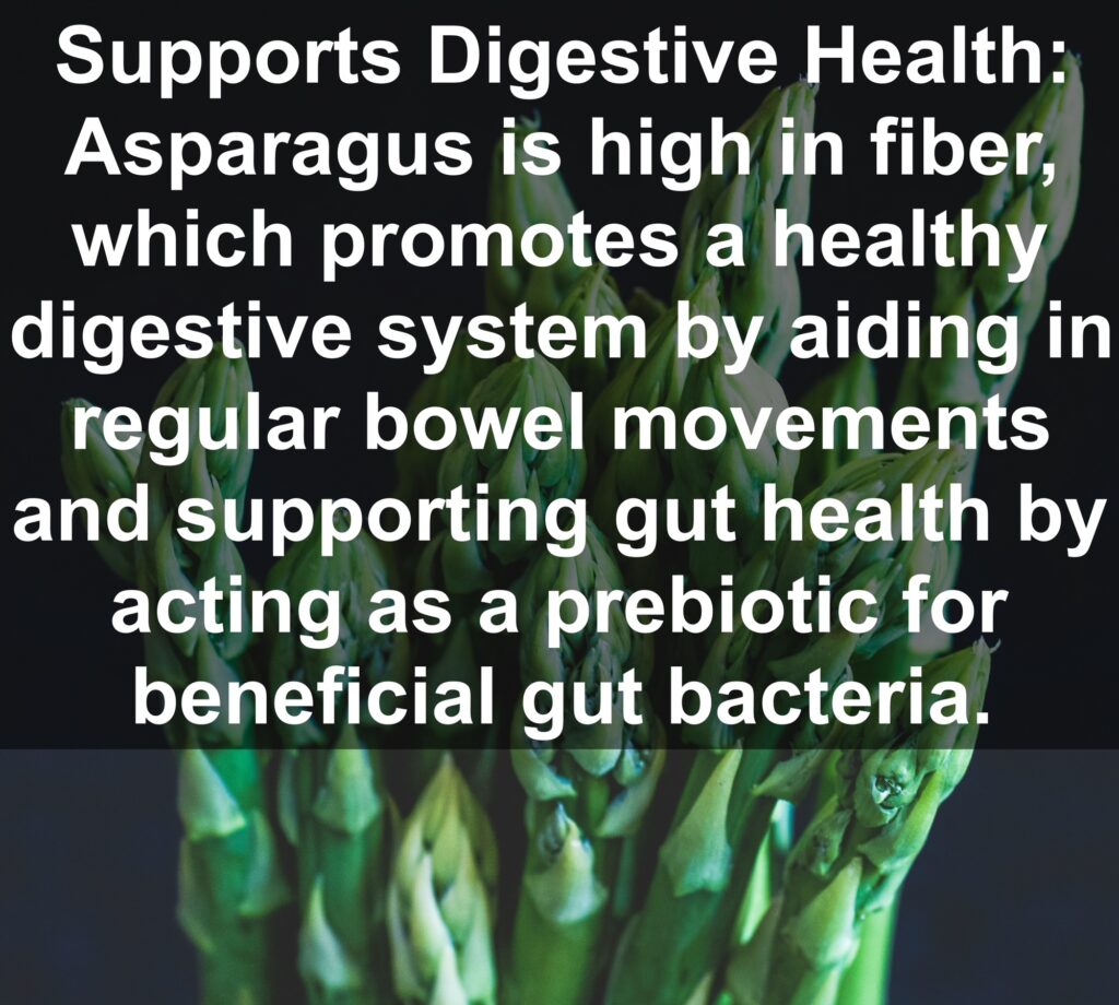 3. Supports Digestive Health: Asparagus is high in fiber, which promotes a healthy digestive system by aiding in regular bowel movements and supporting gut health by acting as a prebiotic for beneficial gut bacteria.