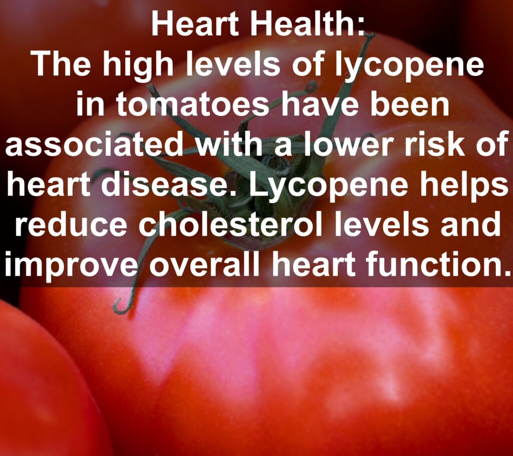 3. Heart Health: The high levels of lycopene in tomatoes have been associated with a lower risk of heart disease. Lycopene helps reduce cholesterol levels and improve overall heart function.