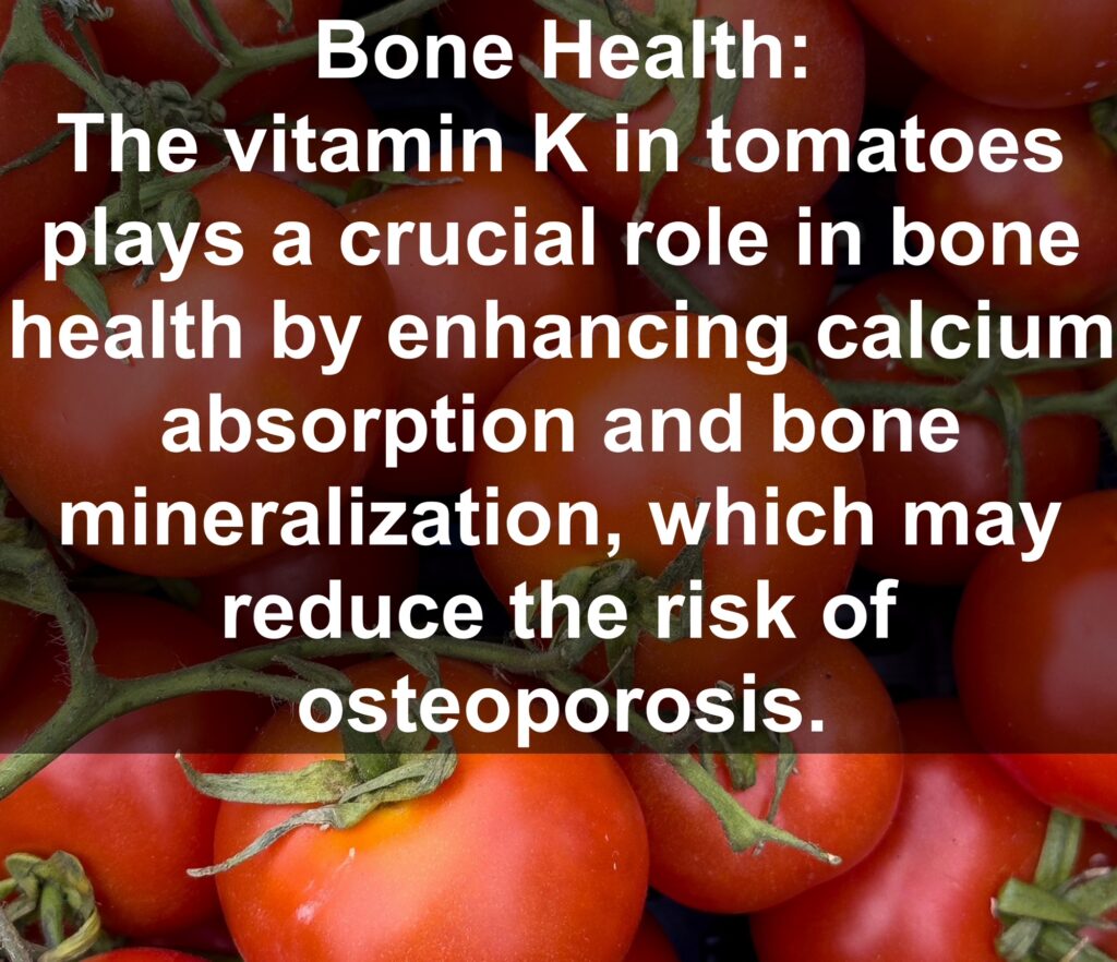 8. Bone Health: The vitamin K in tomatoes plays a crucial role in bone health by enhancing calcium absorption and bone mineralization, which may reduce the risk of osteoporosis.