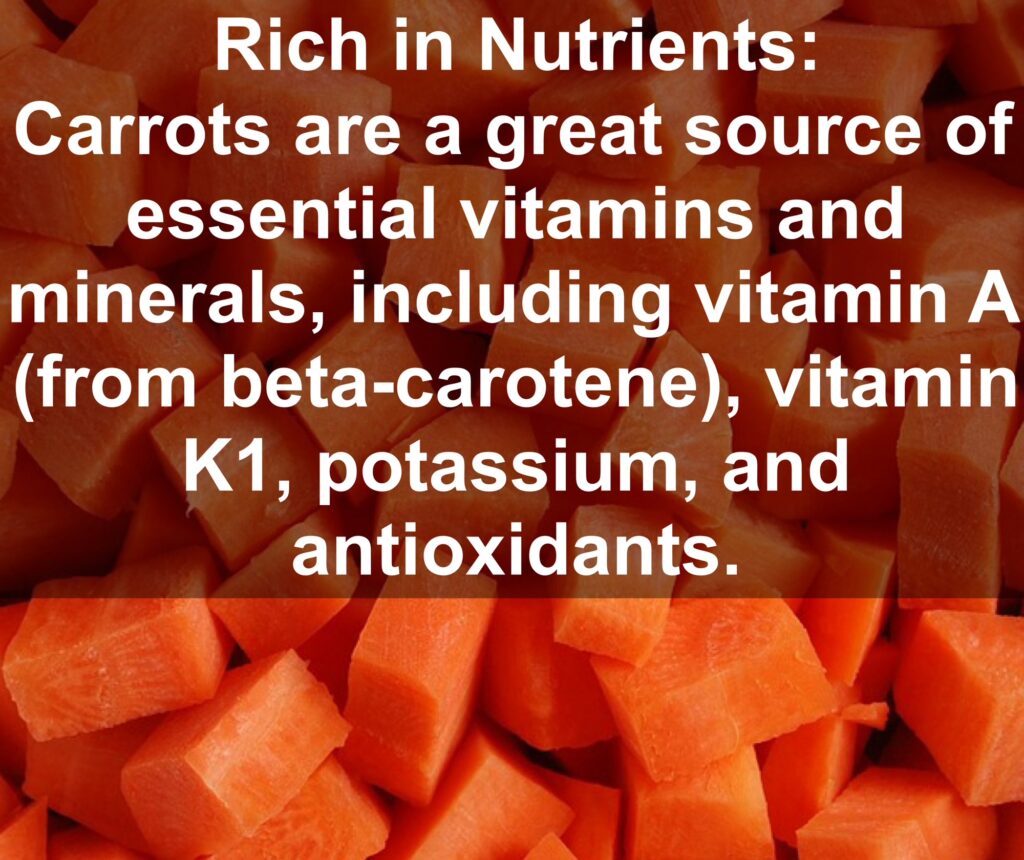 1. Rich in Nutrients: Carrots are a great source of essential vitamins and minerals, including vitamin A (from beta-carotene), vitamin K1, potassium, and antioxidants.