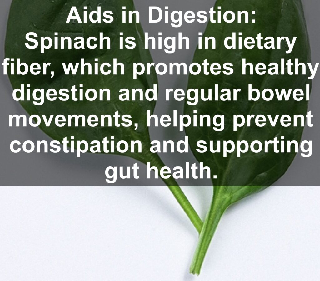 6. Aids in Digestion: Spinach is high in dietary fiber, which promotes healthy digestion and regular bowel movements, helping prevent constipation and supporting gut health.