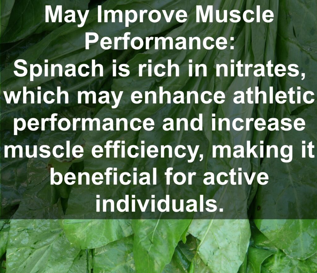 10. May Improve Muscle Performance: Spinach is rich in nitrates, which may enhance athletic performance and increase muscle efficiency, making it beneficial for active individuals.