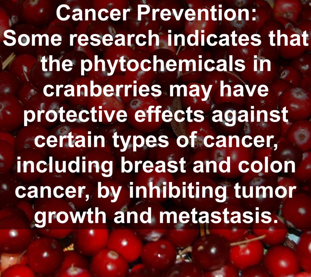 10. Cancer Prevention: Some research indicates that the phytochemicals in cranberries may have protective effects against certain types of cancer, including breast and colon cancer, by inhibiting tumor growth and metastasis.