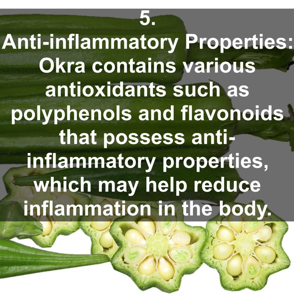5. Anti-inflammatory Properties: Okra contains various antioxidants such as polyphenols and flavonoids that possess anti-inflammatory properties, which may help reduce inflammation in the body.