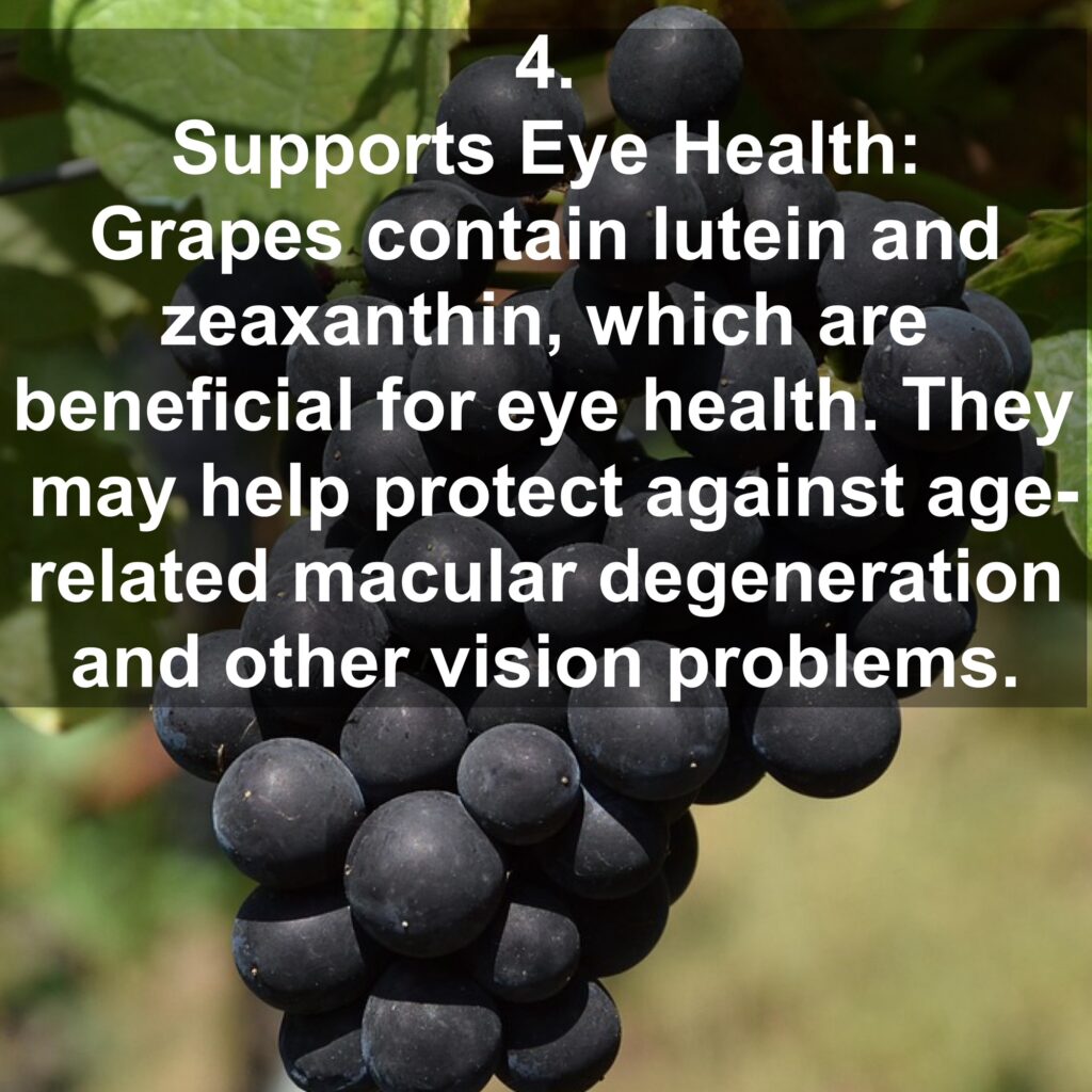 4. Supports Eye Health: Grapes contain lutein and zeaxanthin, which are beneficial for eye health. They may help protect against age-related macular degeneration and other vision problems.