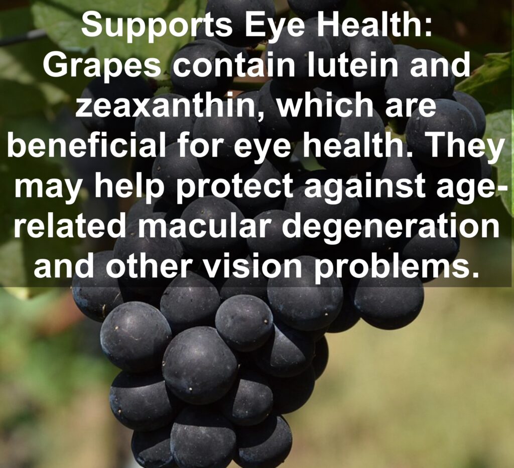 4. Supports Eye Health: Grapes contain lutein and zeaxanthin, which are beneficial for eye health. They may help protect against age-related macular degeneration and other vision problems.