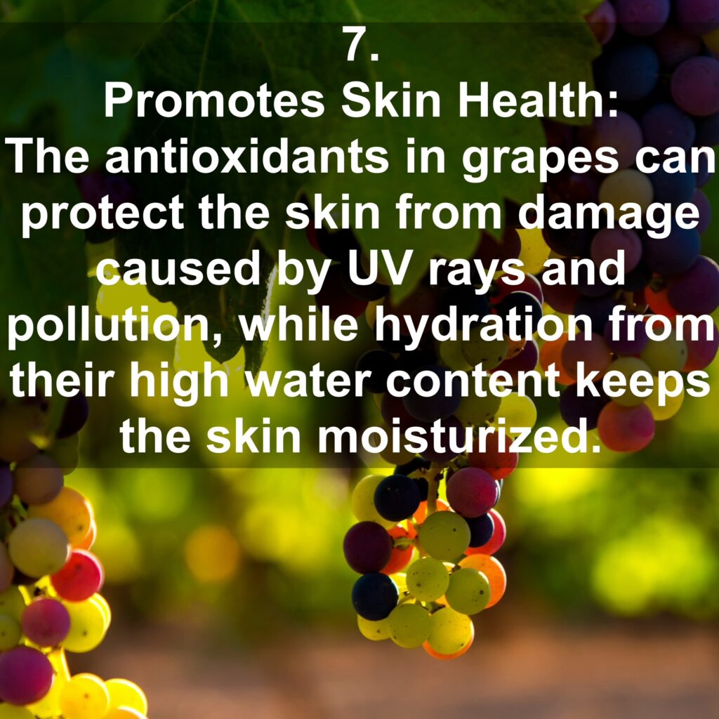 7. Promotes Skin Health: The antioxidants in grapes can protect the skin from damage caused by UV rays and pollution, while hydration from their high water content keeps the skin moisturized.