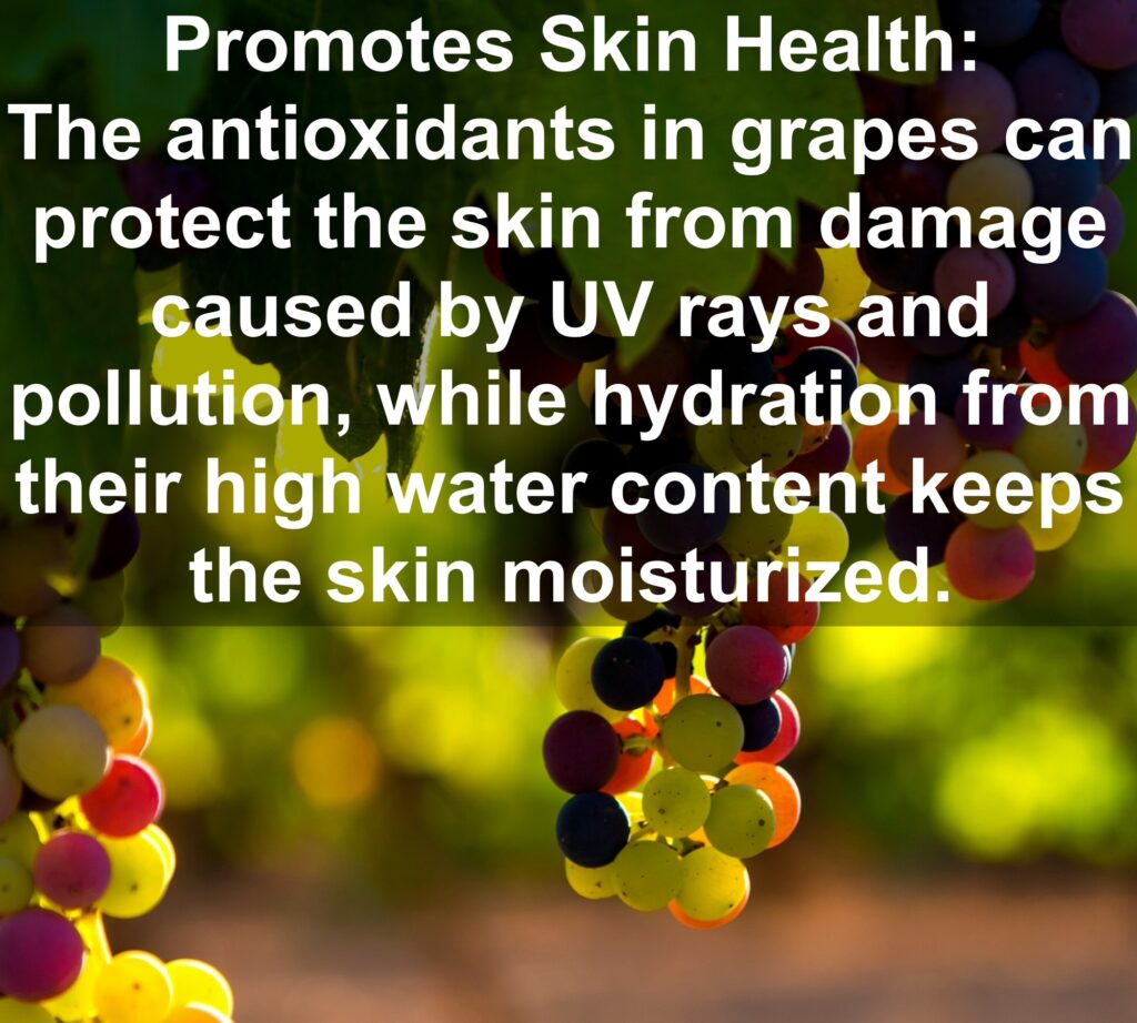 7. Promotes Skin Health: The antioxidants in grapes can protect the skin from damage caused by UV rays and pollution, while hydration from their high water content keeps the skin moisturized.