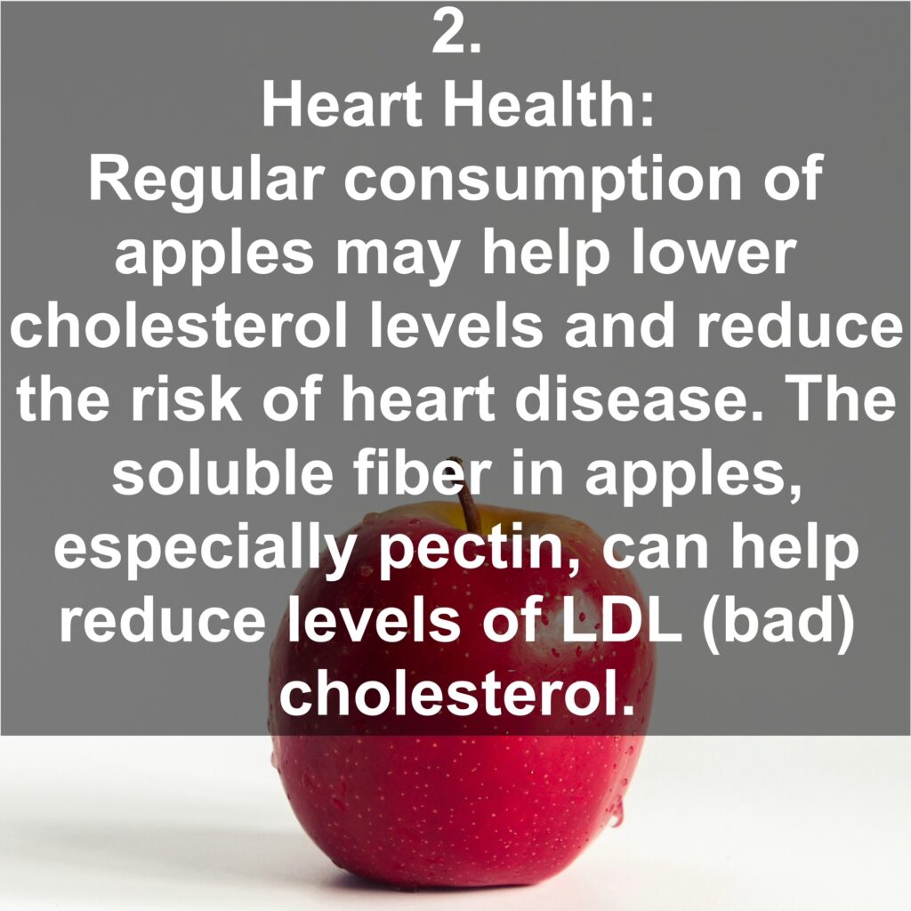2. Heart Health: Regular consumption of apples may help lower cholesterol levels and reduce the risk of heart disease. The soluble fiber in apples, especially pectin, can help reduce levels of LDL cholesterol.