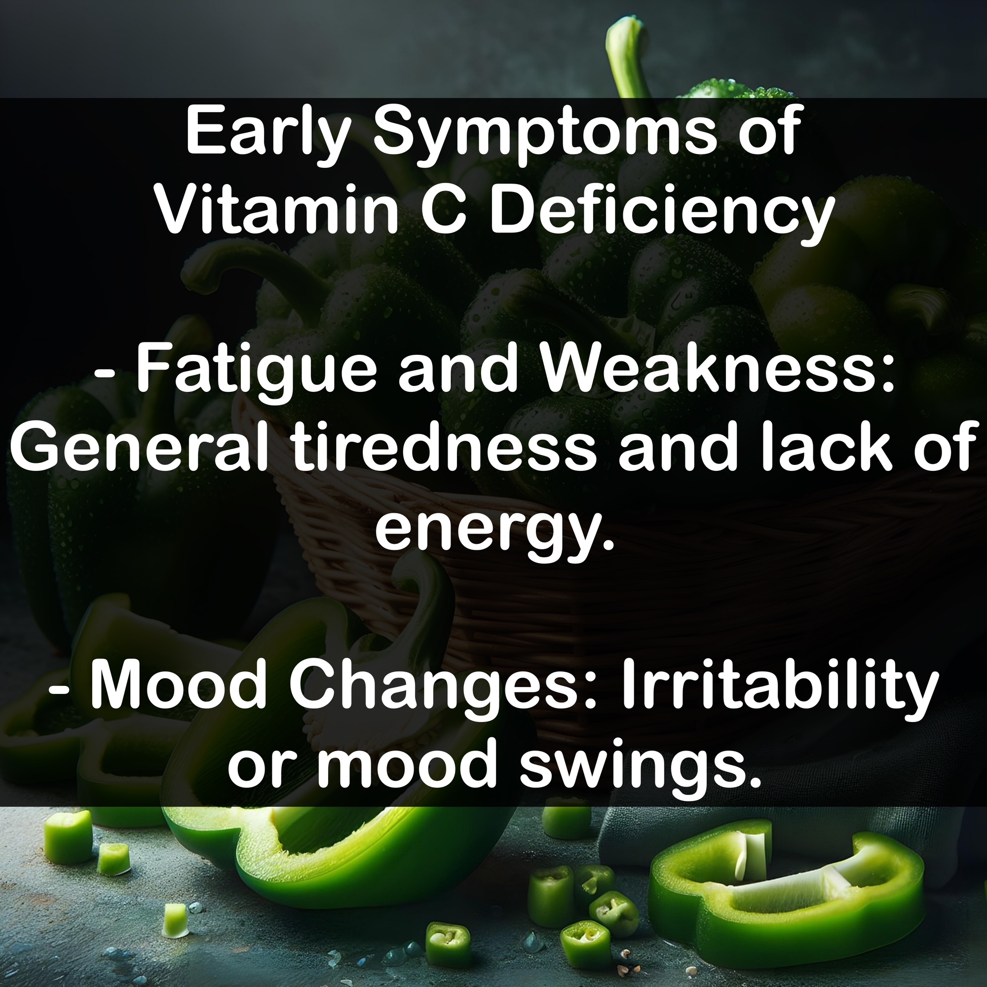 Early Symptoms of Vitamin C Deficiency - Fatigue and Weakness: General tiredness and lack of energy. - Mood Changes: Irritability or mood swings.