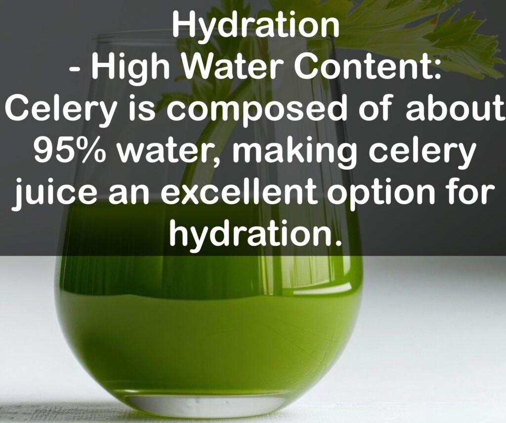 1. Hydration - High Water Content: Celery is composed of about 95% water, making celery juice an excellent option for hydration.