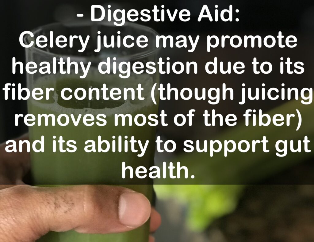 4. Digestive Health - Digestive Aid: Celery juice may promote healthy digestion due to its fiber content (though juicing removes most of the fiber) and its ability to support gut health.