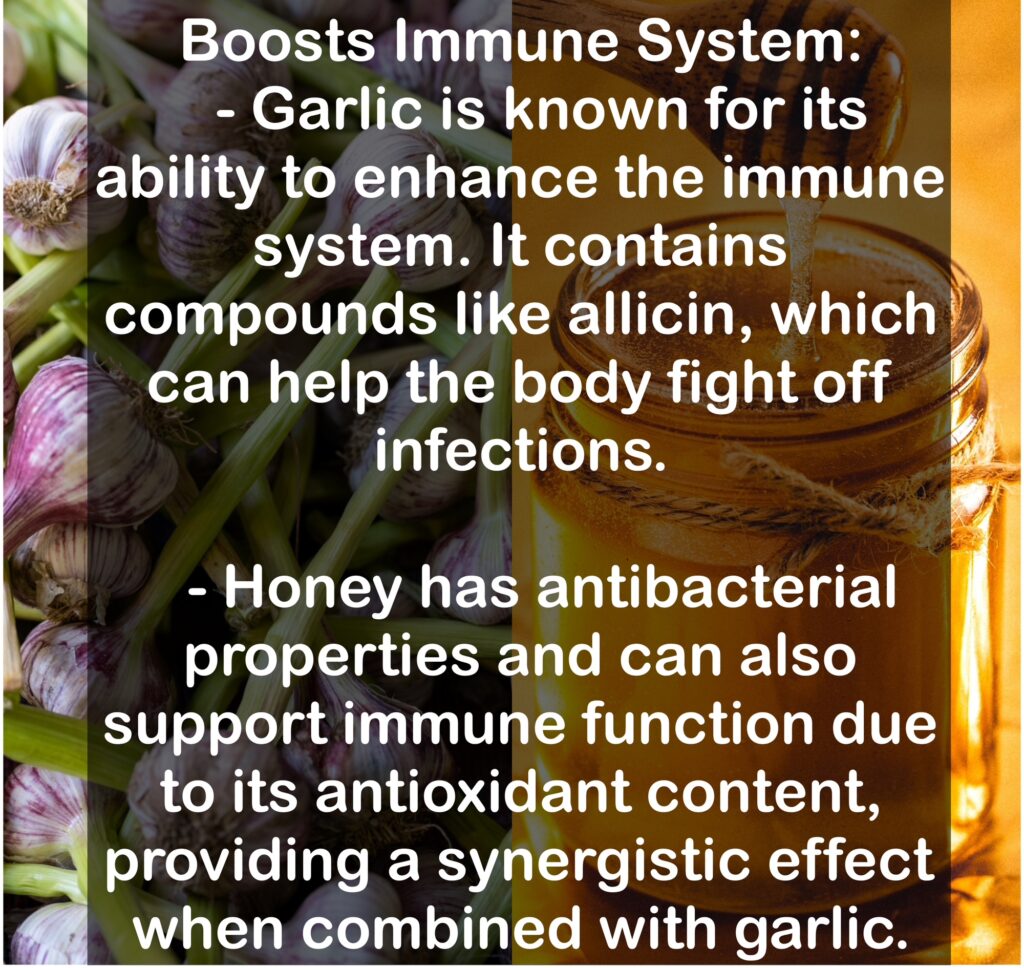 1. Boosts Immune System: - Garlic is known for its ability to enhance the immune system. It contains compounds like allicin, which can help the body fight off infections. - Honey has antibacterial properties and can also support immune function due to its antioxidant content, providing a synergistic effect when combined with garlic.