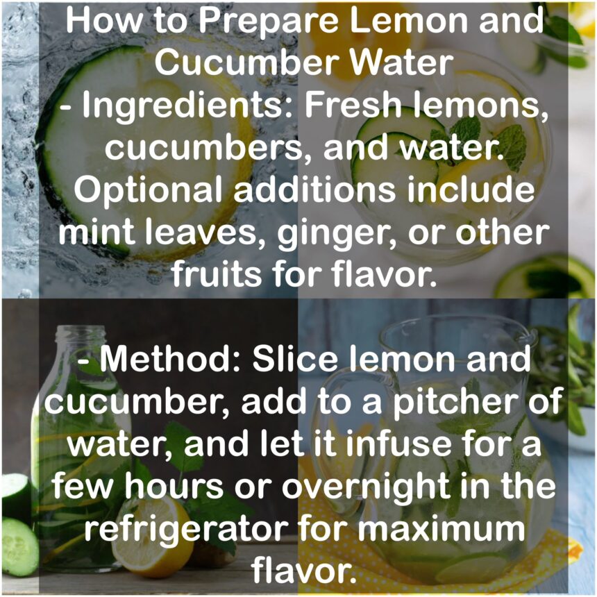 How to Prepare Lemon and Cucumber Water - Ingredients: Fresh lemons, cucumbers, and water. Optional additions include mint leaves, ginger, or other fruits for flavor. - Method: Slice lemon and cucumber, add to a pitcher of water, and let it infuse for a few hours or overnight in the refrigerator for maximum flavor.