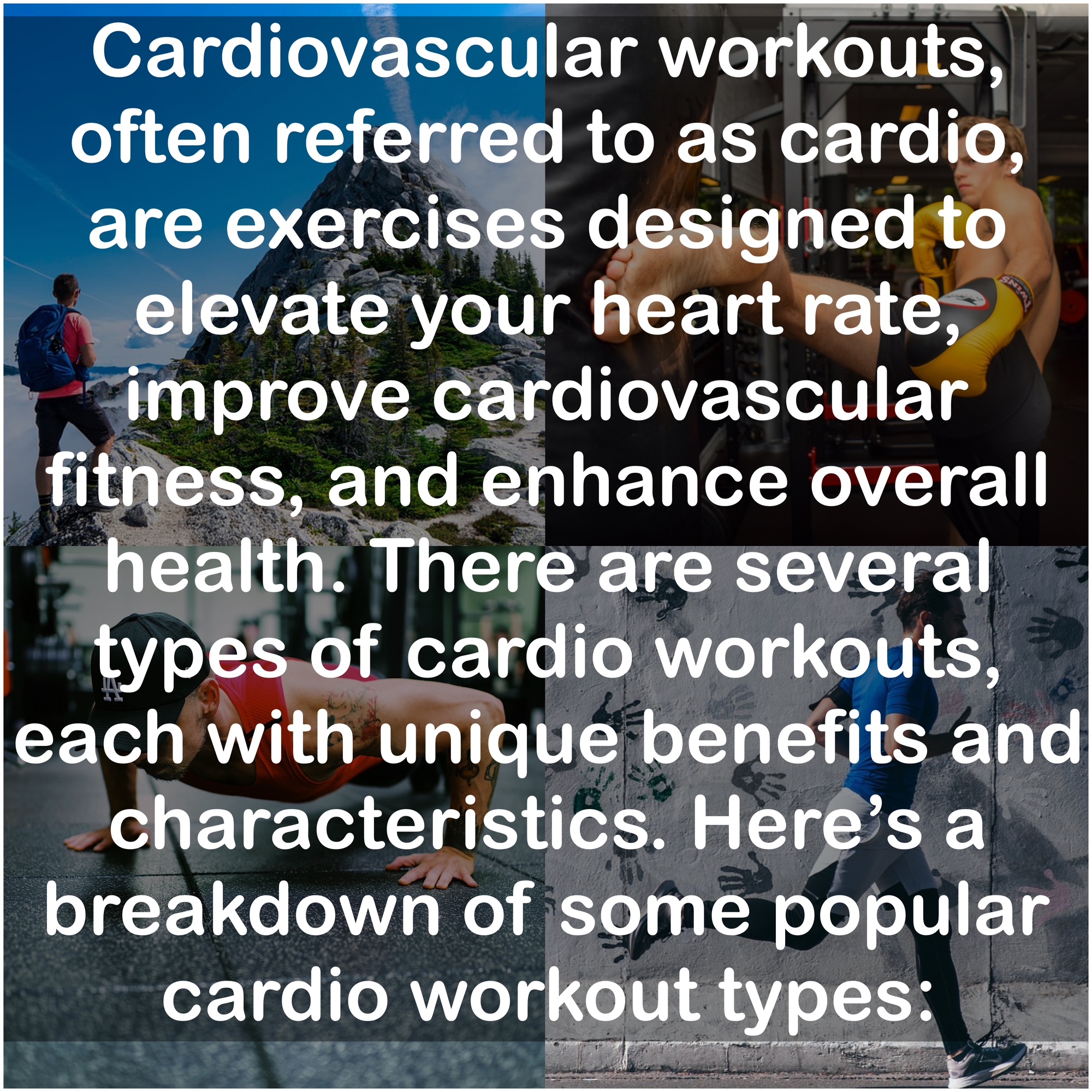 Cardiovascular workouts, often referred to as cardio, are exercises designed to elevate your heart rate, improve cardiovascular fitness, and enhance overall health. There are several types of cardio workouts, each with unique benefits and characteristics. Here’s a breakdown of some popular cardio workout types: