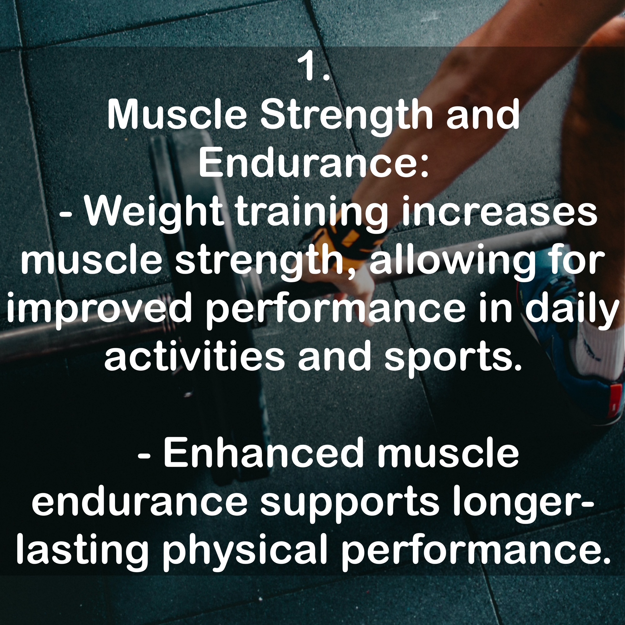 1. Muscle Strength and Endurance - Weight training increases muscle strength, allowing for improved performance in daily activities and sports. - Enhanced muscle endurance supports longer-lasting physical performance.