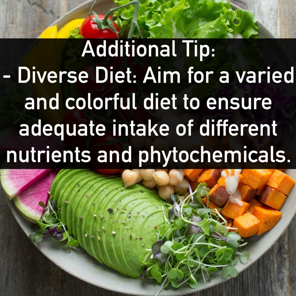 Additional Tips: - Diverse Diet: Aim for a varied and colorful diet to ensure adequate intake of different nutrients and phytochemicals.