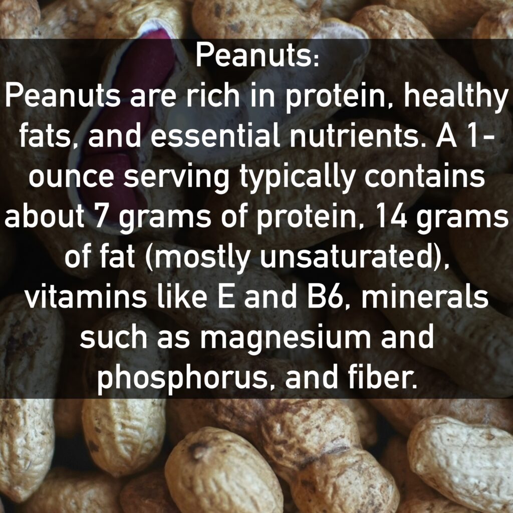 Peanuts Peanuts are rich in protein, healthy fats, and essential nutrients. A 1-ounce serving typically contains about 7 grams of protein, 14 grams of fat (mostly unsaturated), vitamins like E and B6, minerals such as magnesium and phosphorus, and fiber.