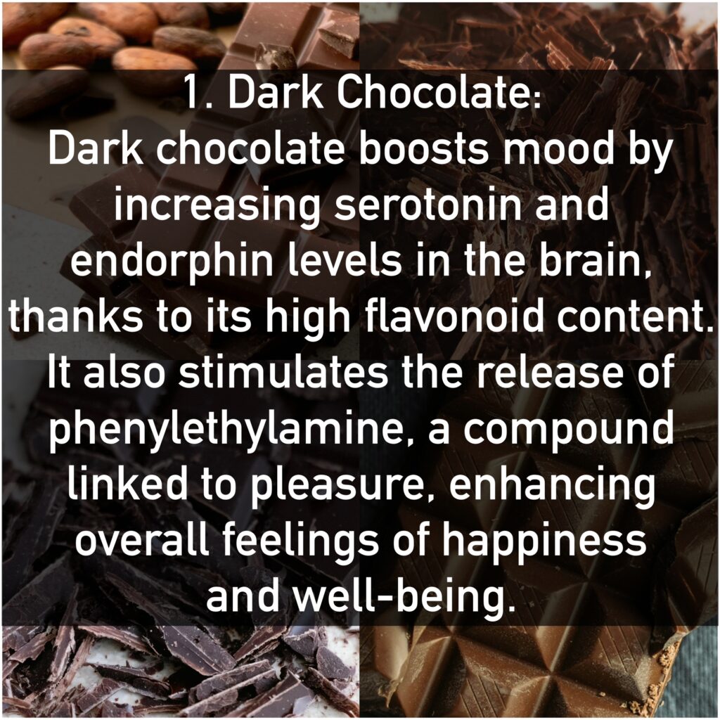 Dark chocolate boosts mood by increasing serotonin and endorphin levels in the brain, thanks to its high flavonoid content. It also stimulates the release of phenylethylamine, a compound linked to pleasure, enhancing overall feelings of happiness and well-being.